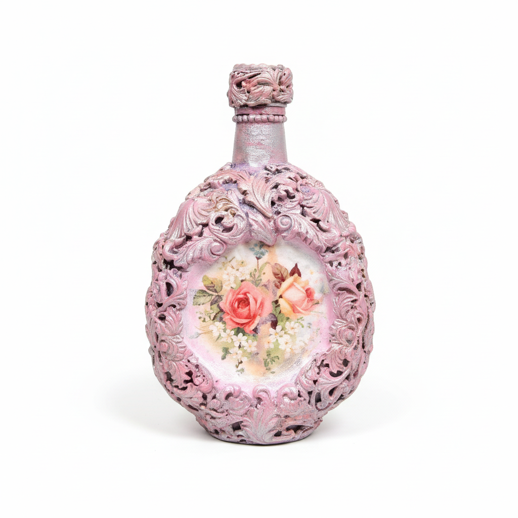 Pink decorative bottle with floral panels on white background