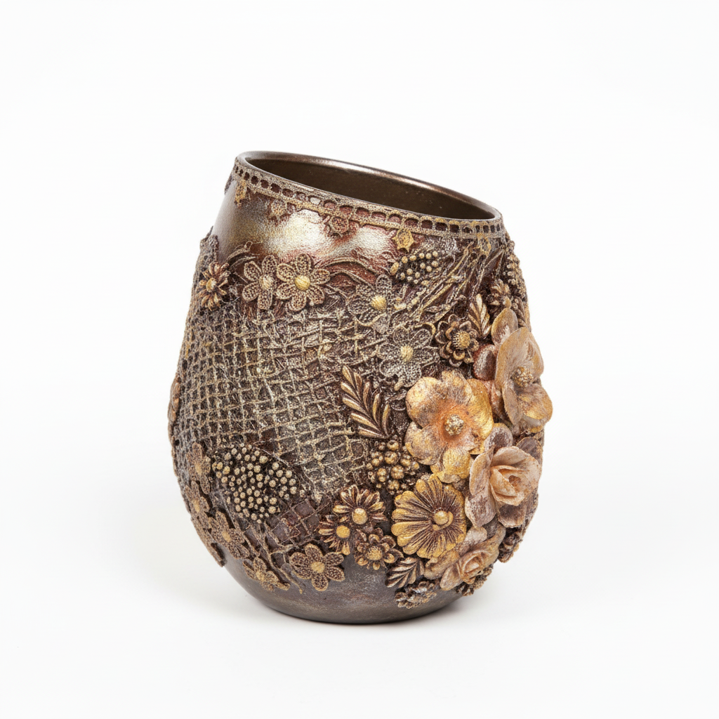 Handcrafted bronze floral vase on white background