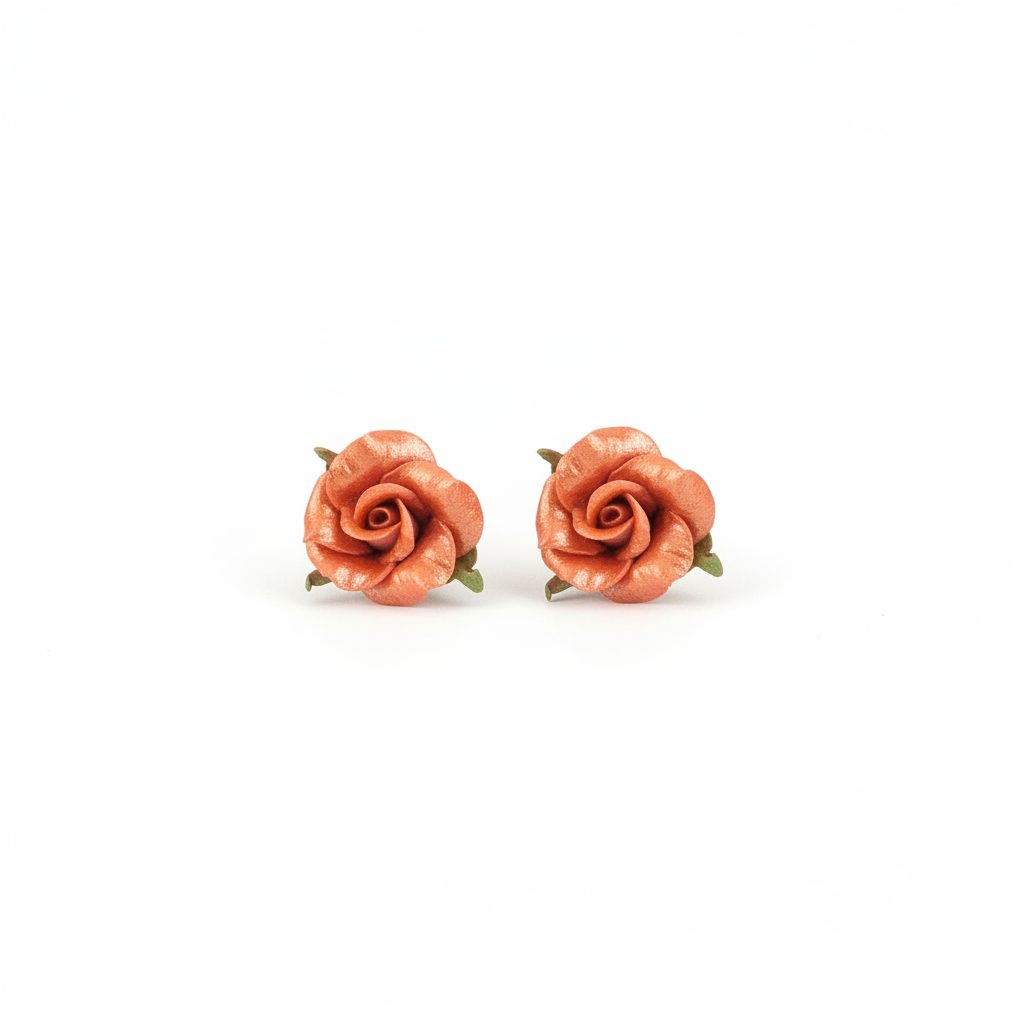 Orange rose earrings - handmade polymer clay mini flowers on white background