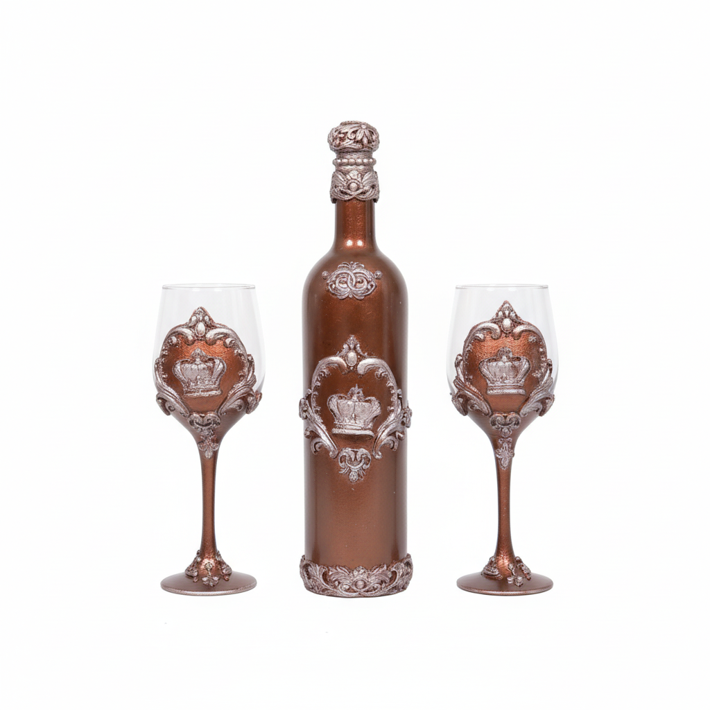 Bronze wine set with crown ornaments on white background