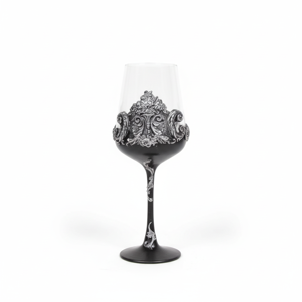 Gothic black wine glass on white background - product photography