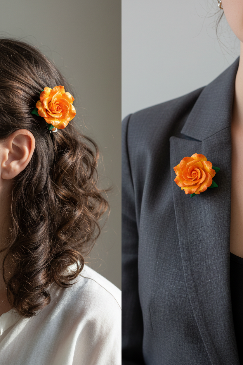 Orange rose hair clip brooch lifestyle - showing versatile styling