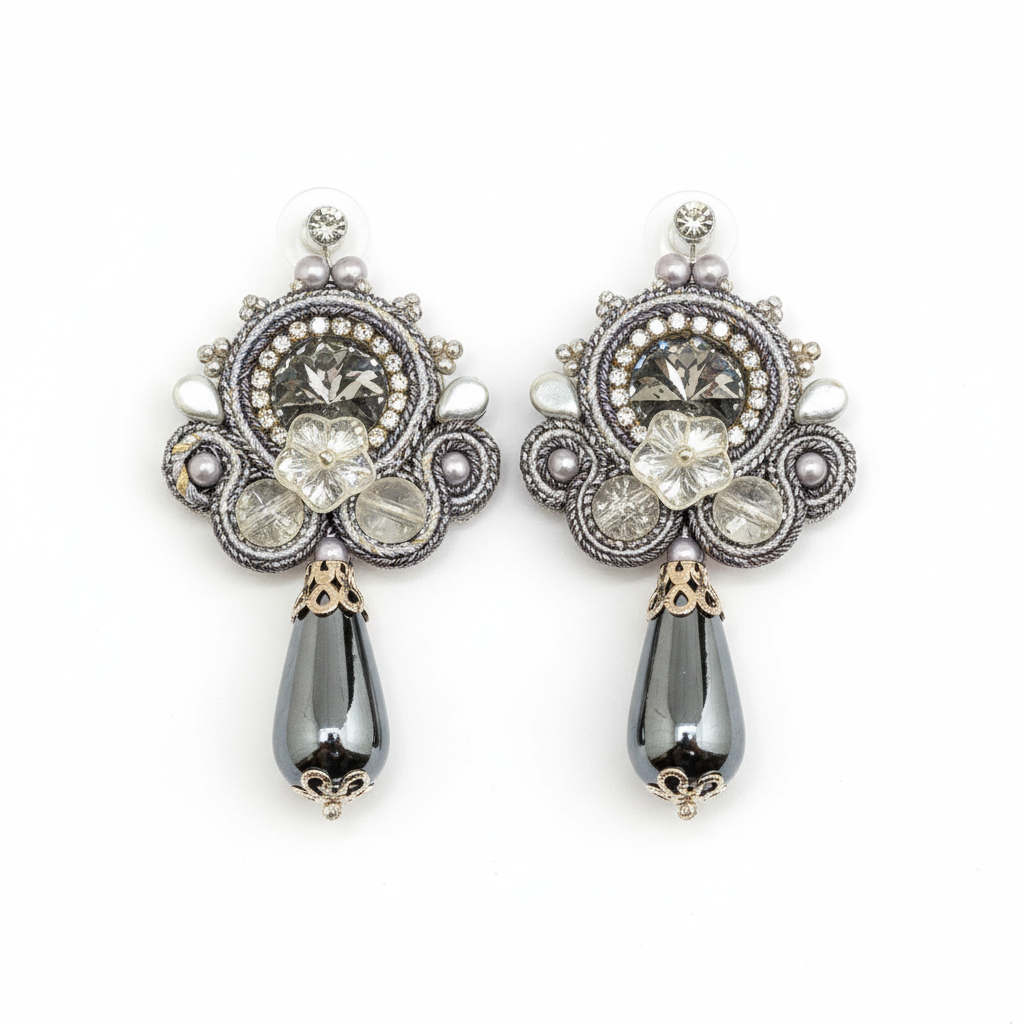 Handmade silver soutache earrings - detailed close-up view