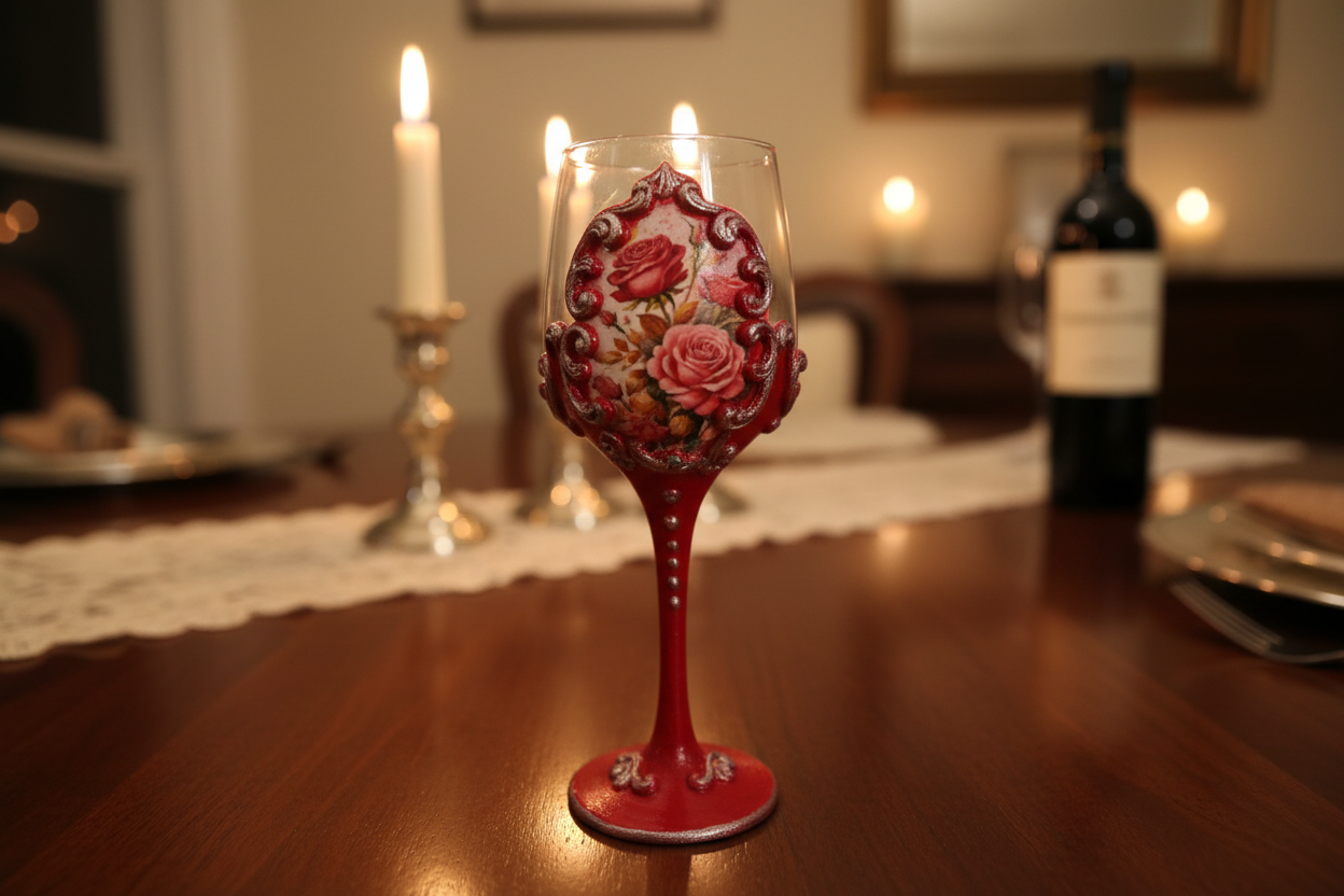 Red rose wine glass displayed in romantic dining room interior