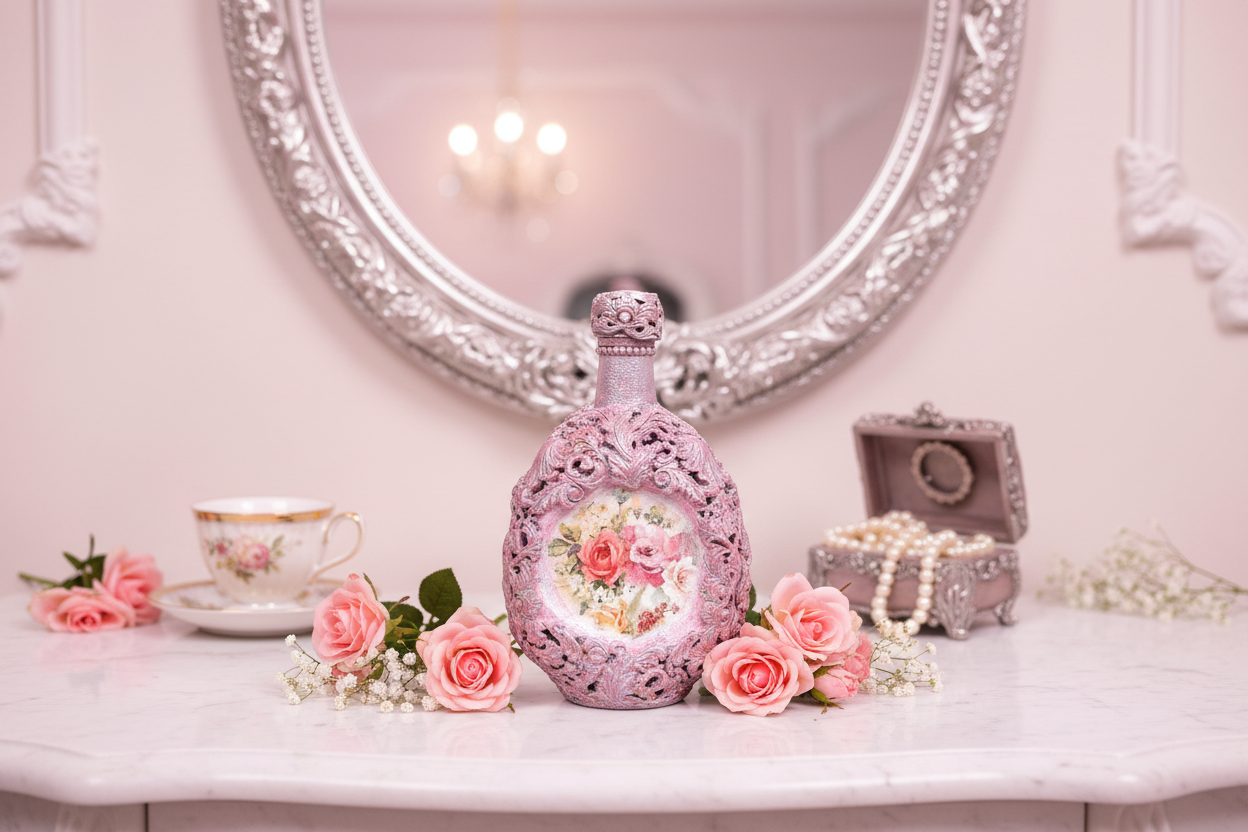 Romantic pink floral bottle in elegant lifestyle setting