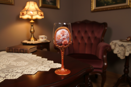 Copper-bronze wine glass displayed in warm vintage interior setting