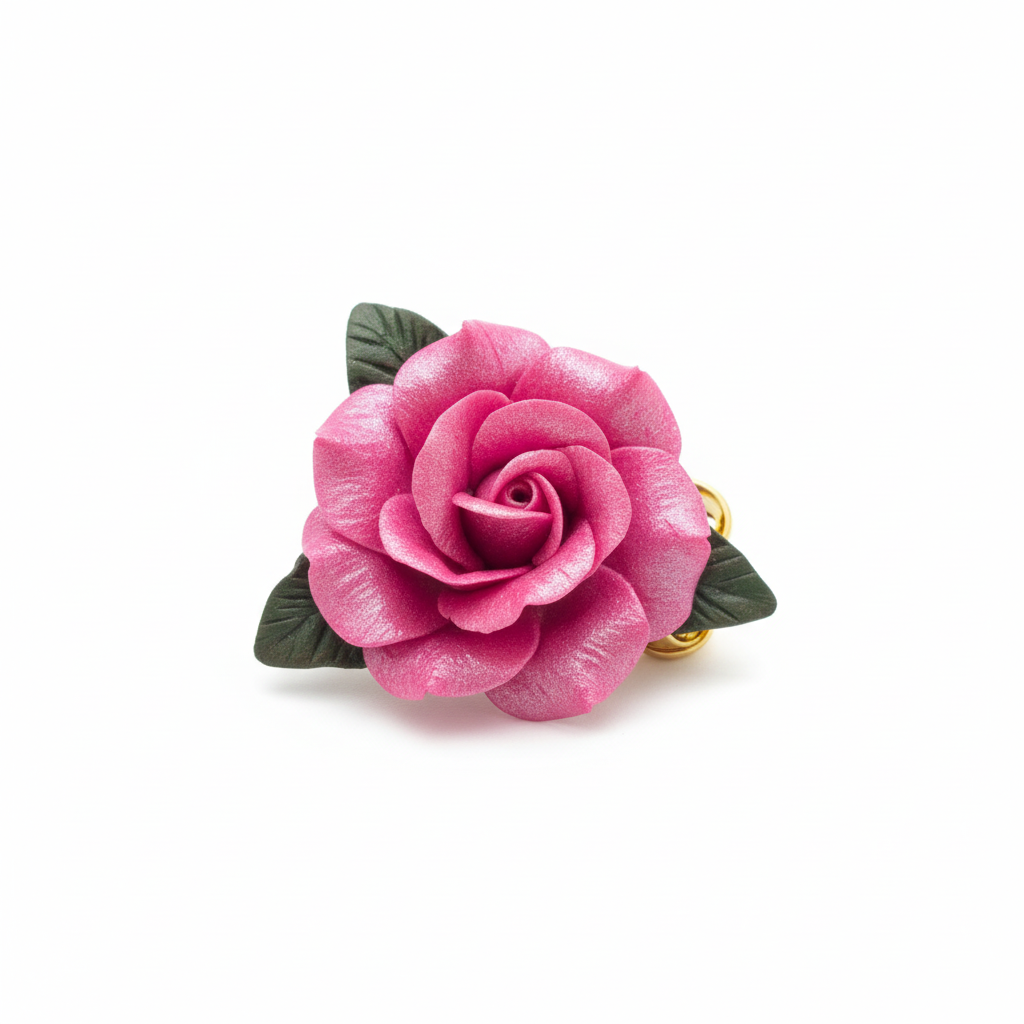Pink rose brooch pin - handmade polymer clay flower on white background