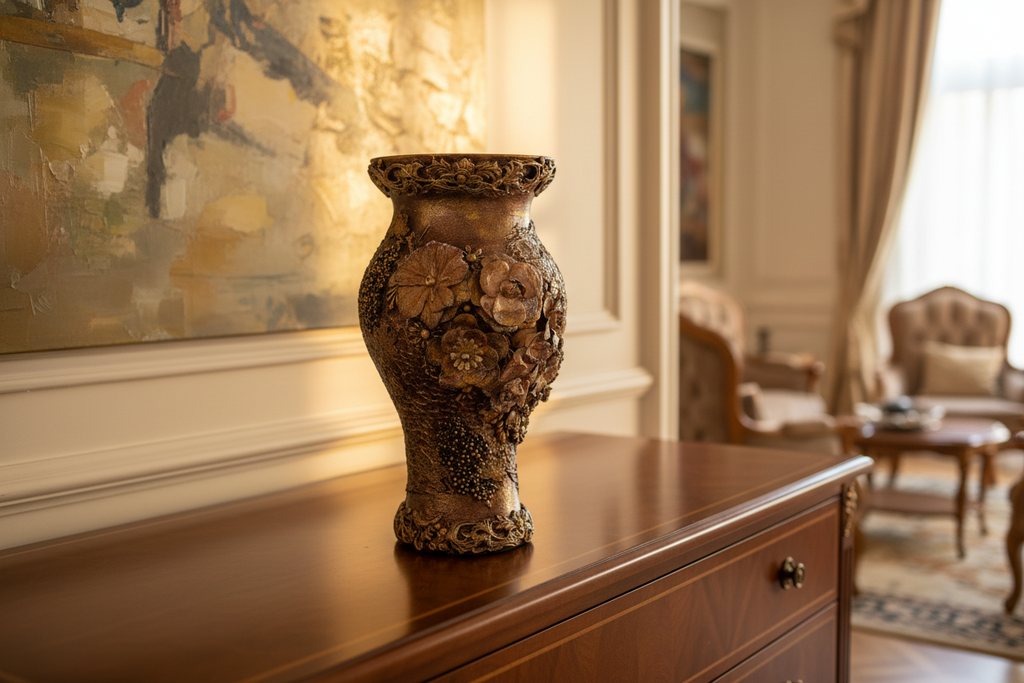 Luxury bronze vase displayed in elegant home interior