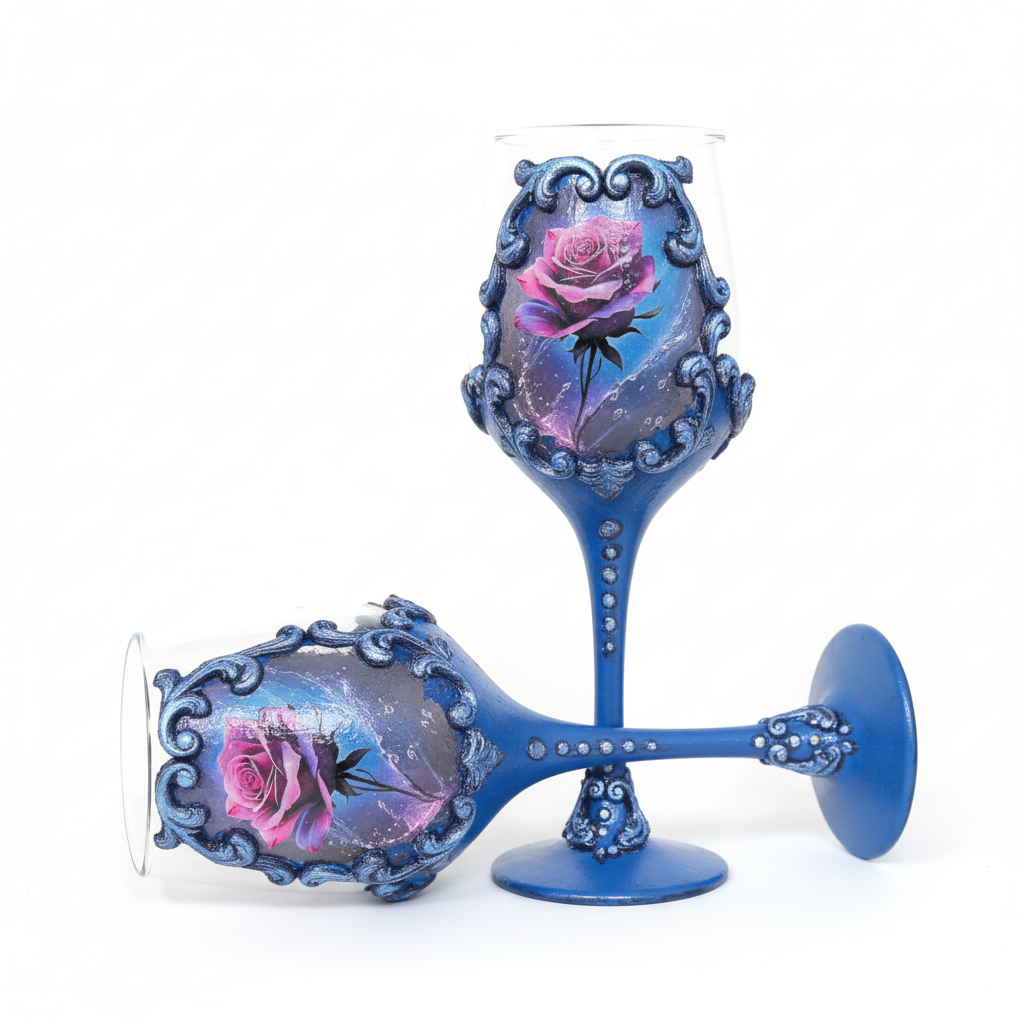 Handcrafted blue wine glasses on white background