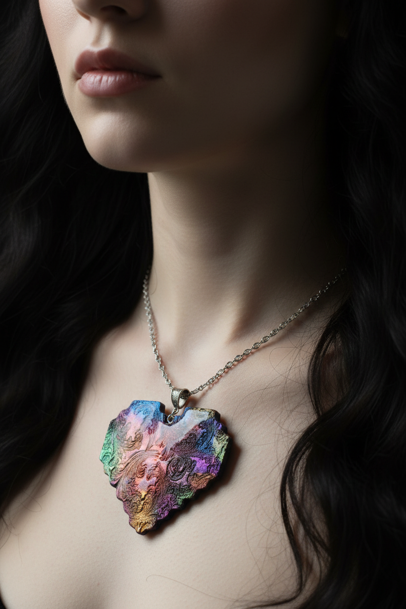 Iridescent Heart Necklace on Model