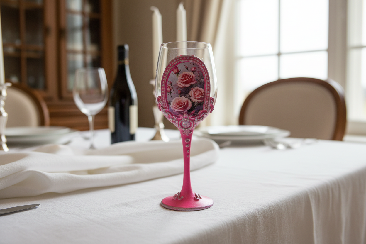 Pink rose wine glass in romantic interior