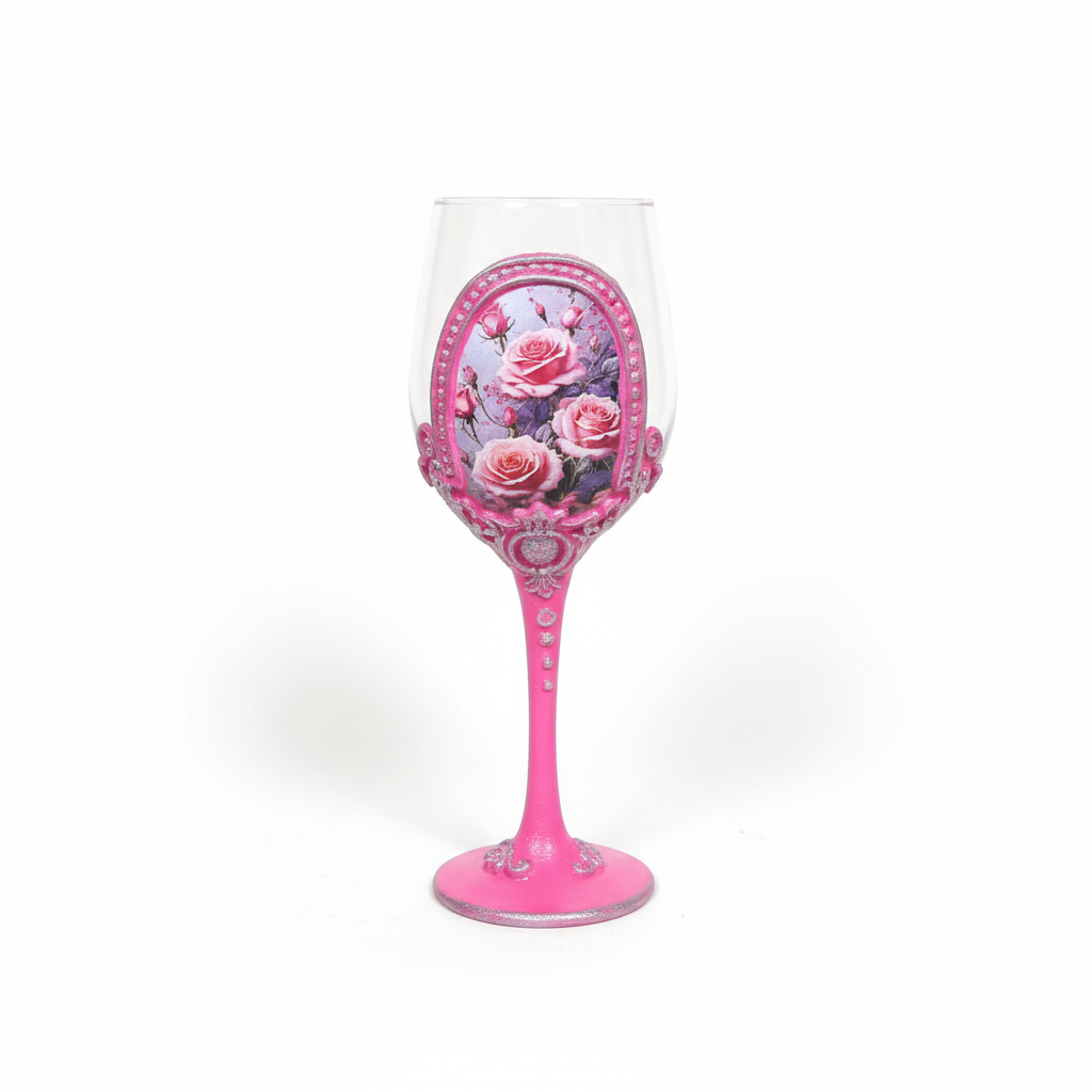 Pink rose wine glass on white background