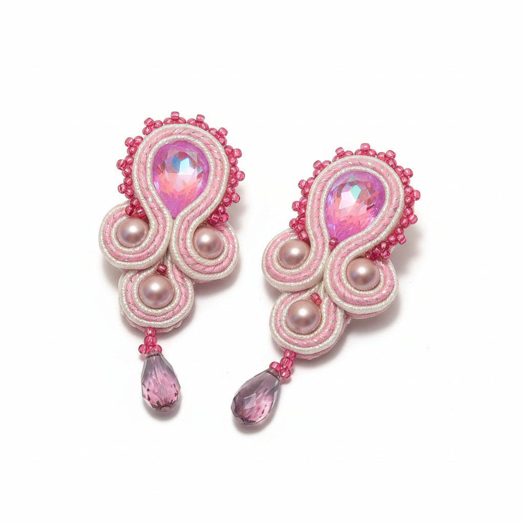 Pink soutache earrings - detailed view