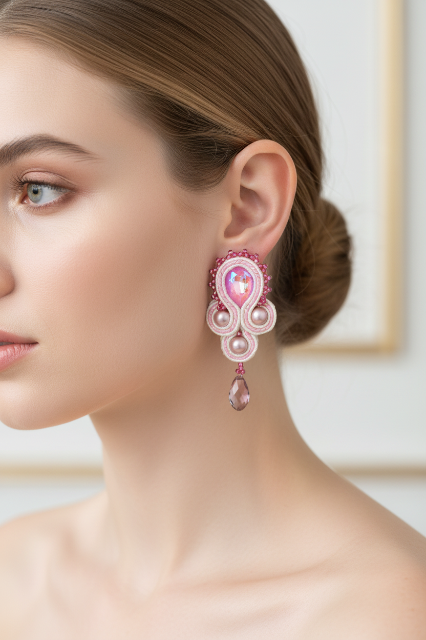 Pink soutache earrings lifestyle photo with your earrings
