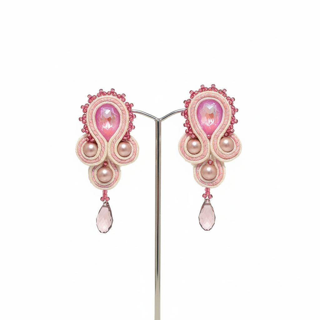 Pink soutache earrings - professional view