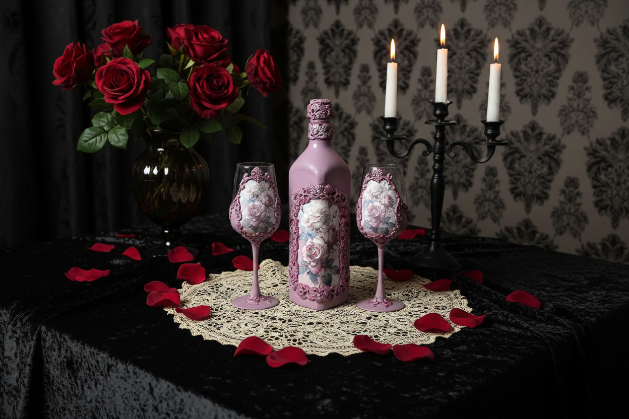 Pink wine set with romantic Gothic decor