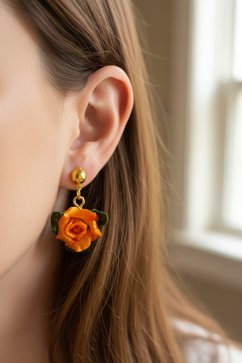 Polymer clay orange rose stud earring on ear