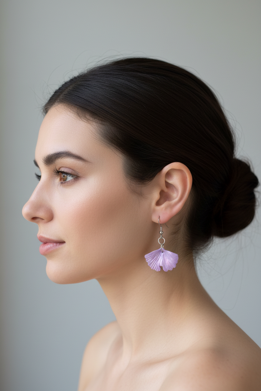 Purple leaf earrings lifestyle worn