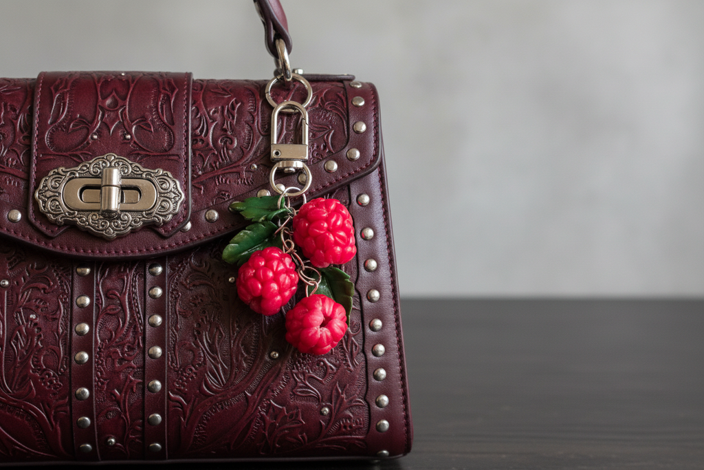 Raspberry keychain on handbag