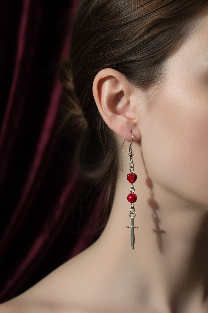 Red dagger earrings lifestyle