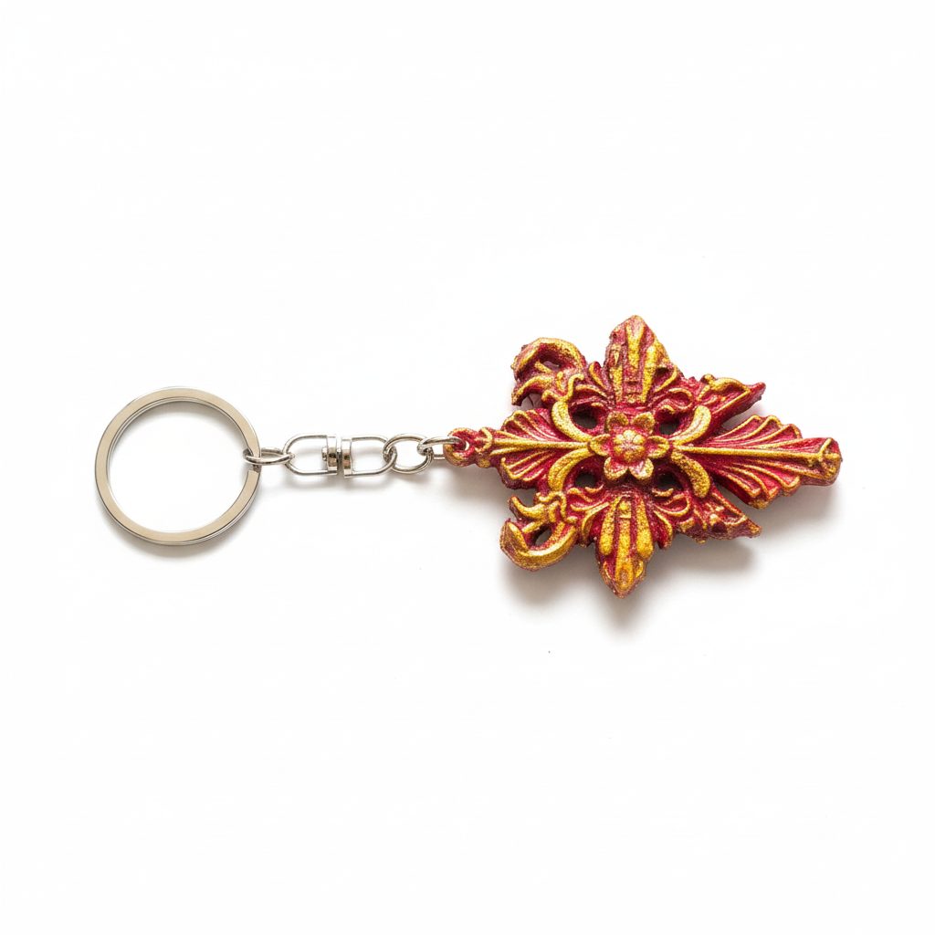 Red gold cross keychain white background