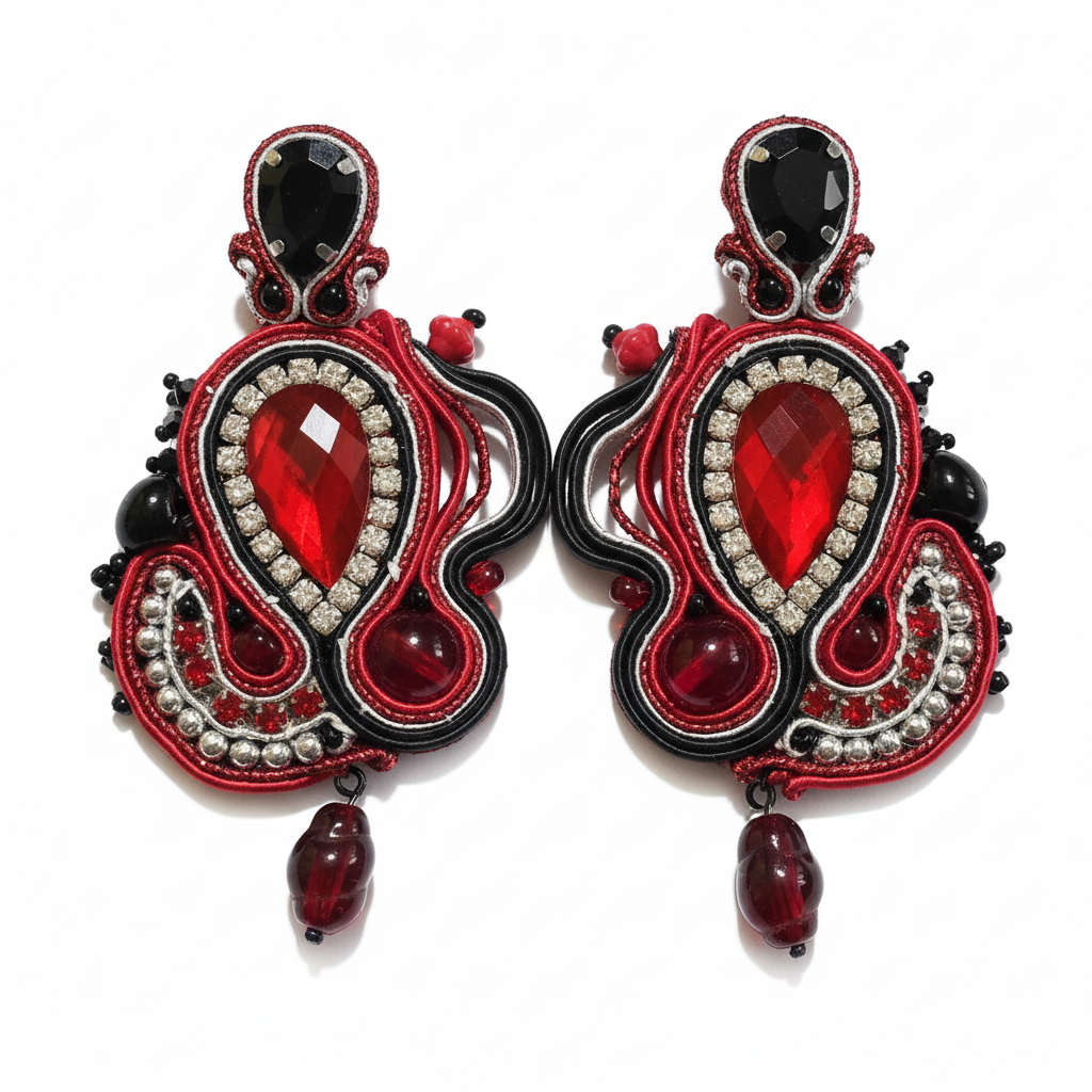 Red Soutache Earrings White Background