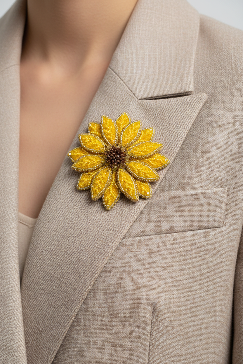 Sunflower Brooch on Clothing