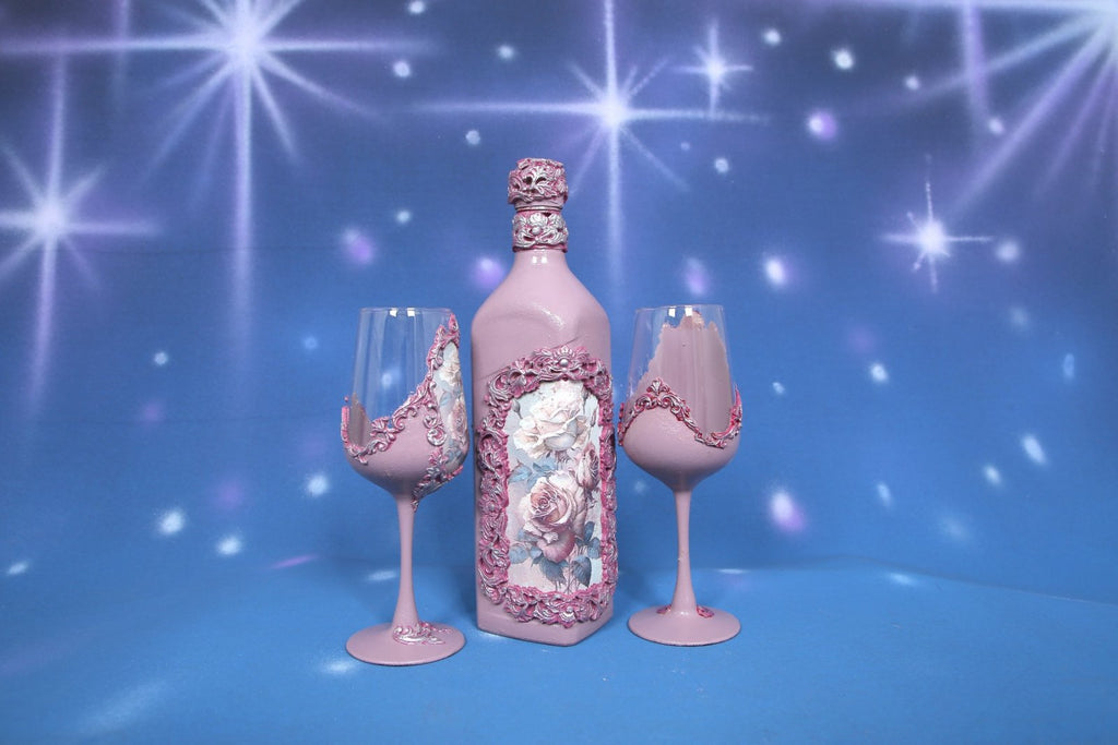 Handcrafted Rose Wine Set - Bottle & 2 Glasses with Ornate Embellishments