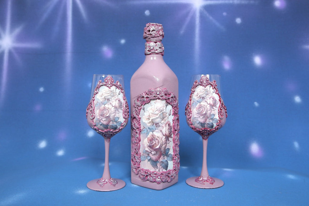 Handcrafted Rose Wine Set - Bottle & 2 Glasses with Ornate Embellishments