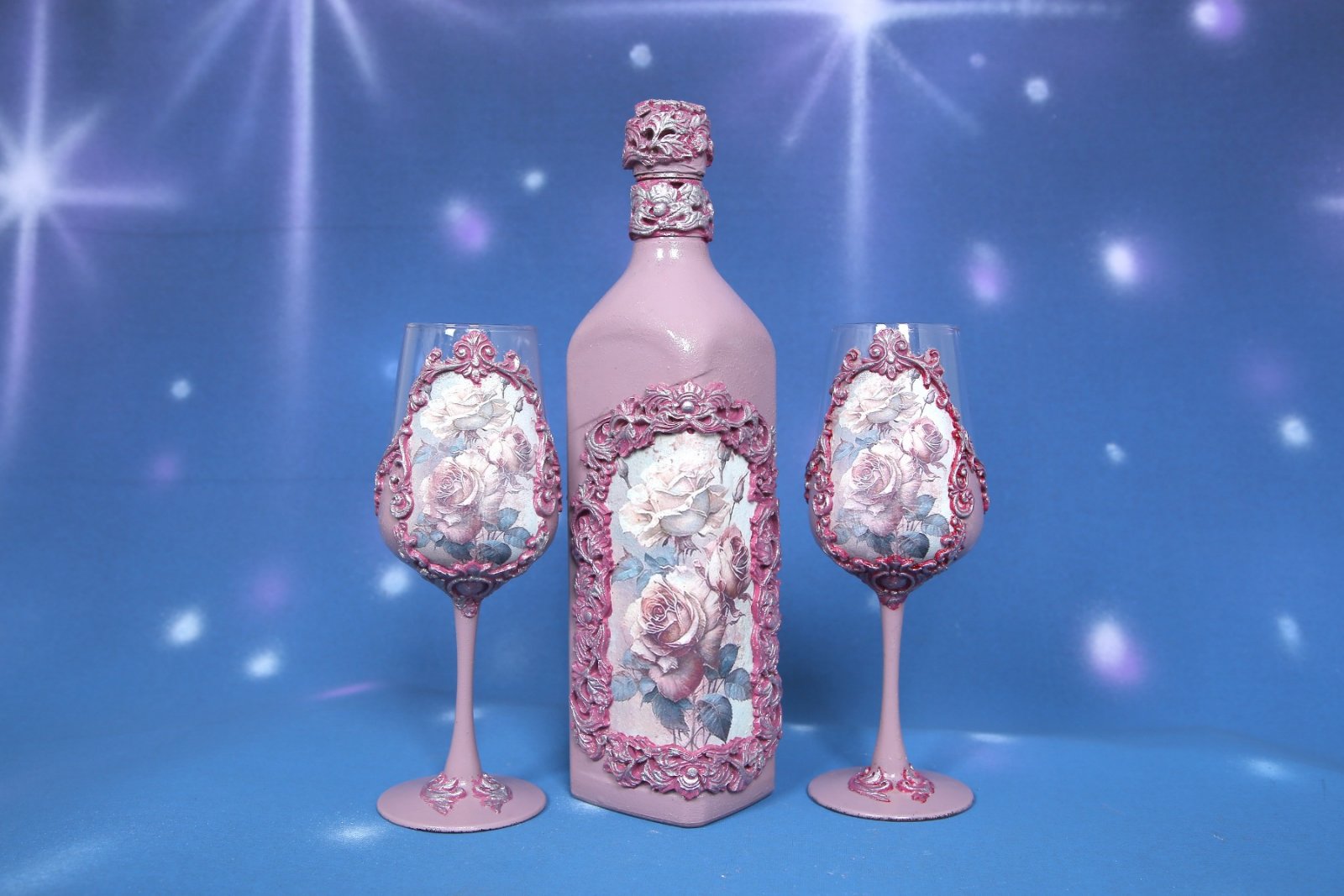 Handcrafted Rose Wine Set - Bottle & 2 Glasses with Ornate Embellishments