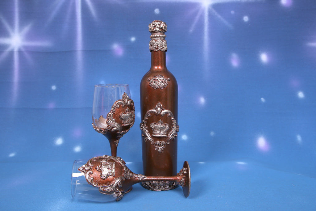Royal Crown Wine Set - Bottle & 2 Glasses with Bronze & Silver Accents