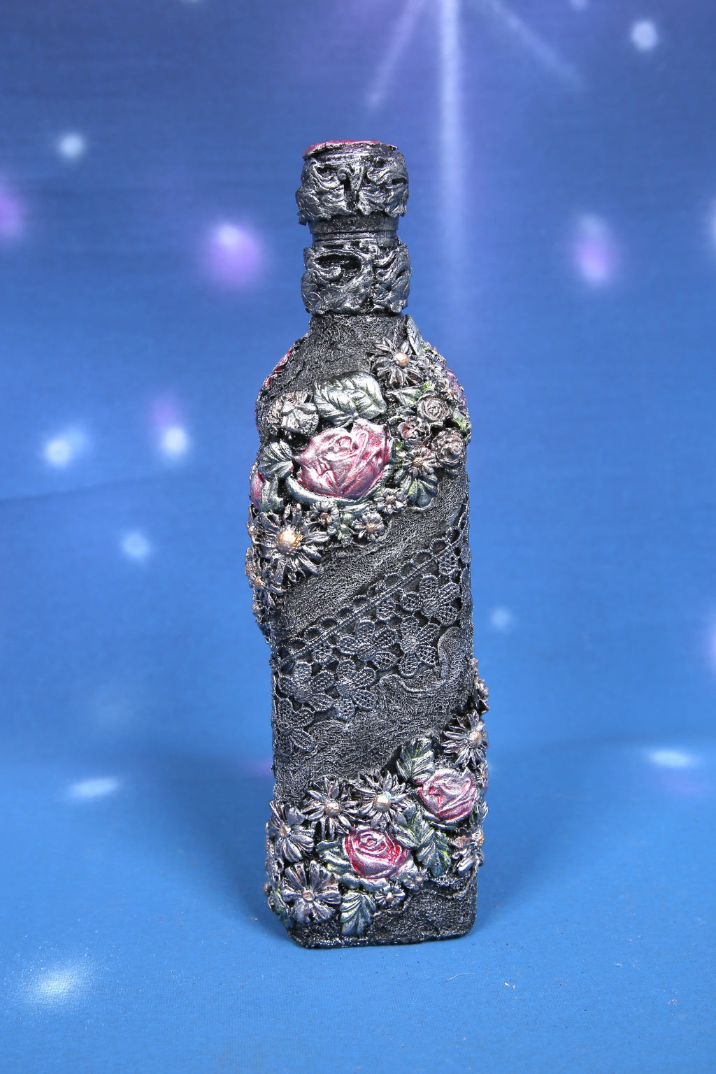 Decorated Bottle - Graphite Gray with Pink and Green Roses, 3D Baroque, 800 ml (27 oz), 29 cm (11.4 in)