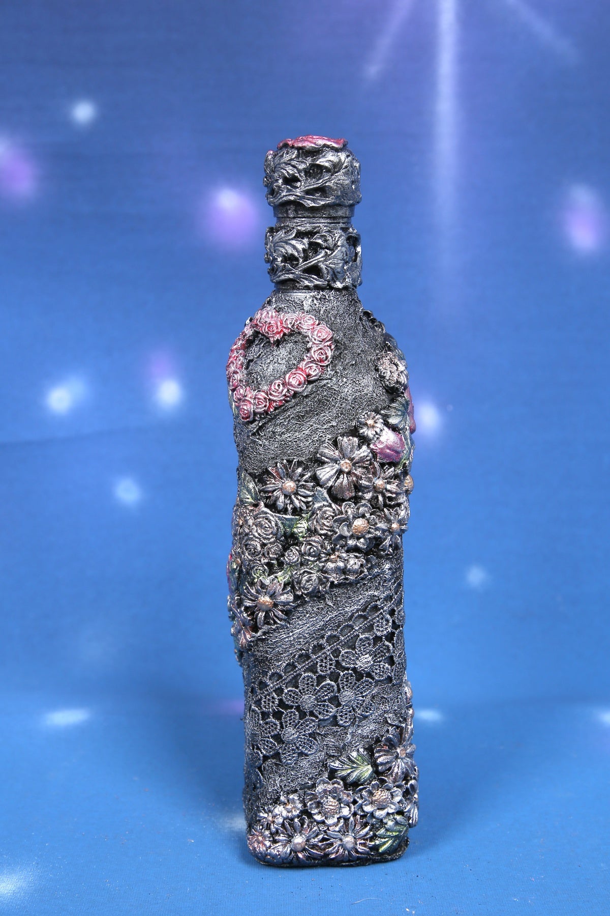 Decorated Bottle - Graphite Gray with Pink and Green Roses, 3D Baroque, 800 ml (27 oz), 29 cm (11.4 in)