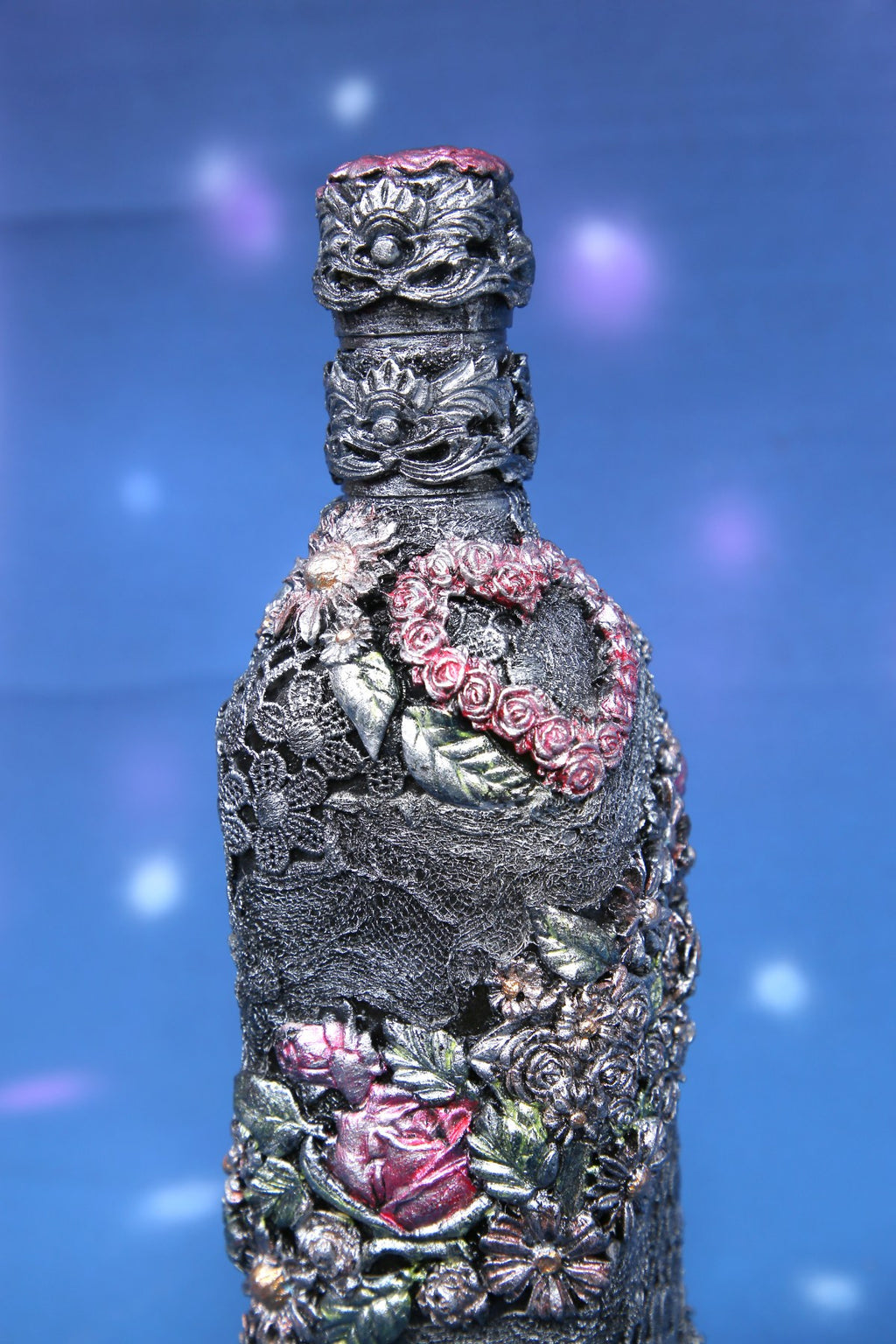 Decorated Bottle - Graphite Gray with Pink and Green Roses, 3D Baroque, 800 ml (27 oz), 29 cm (11.4 in)