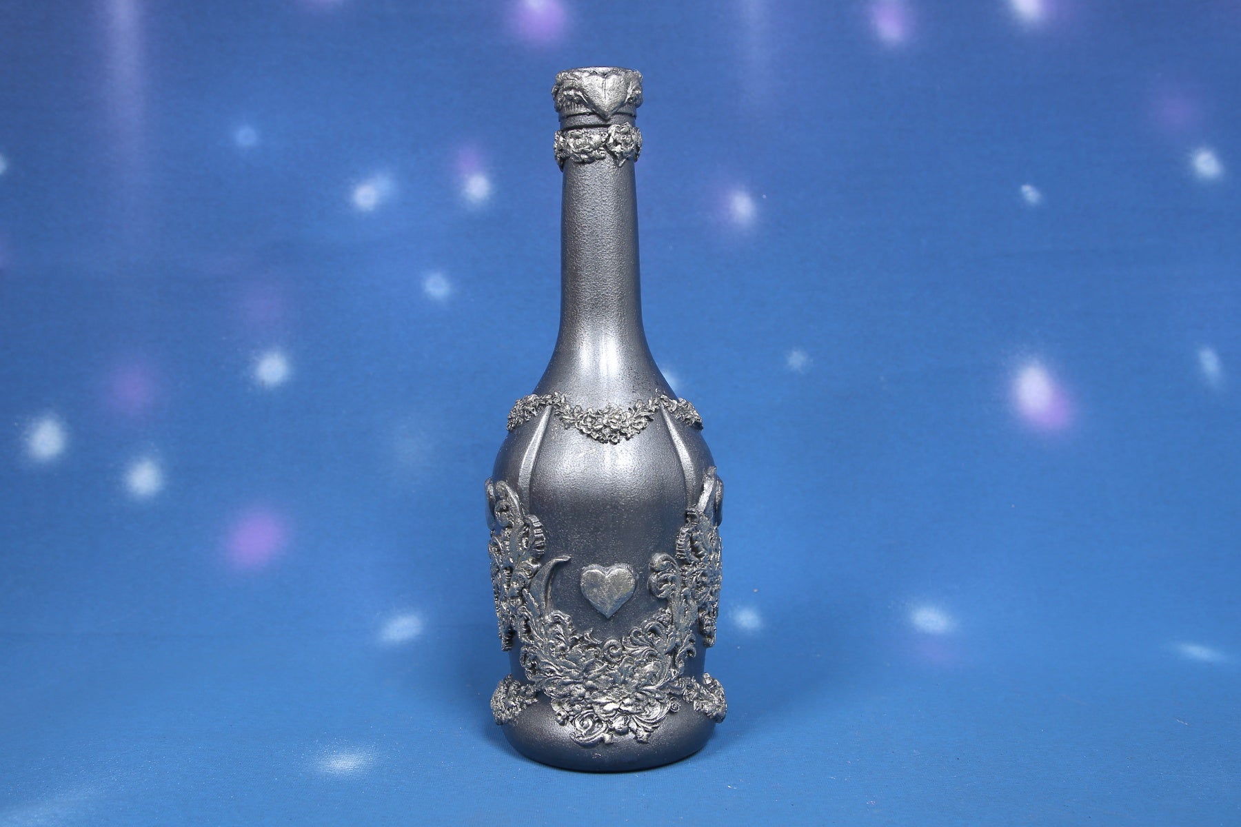 Silver Wine Set - Handcrafted Bottle & 2 Glasses with Heart Ornaments