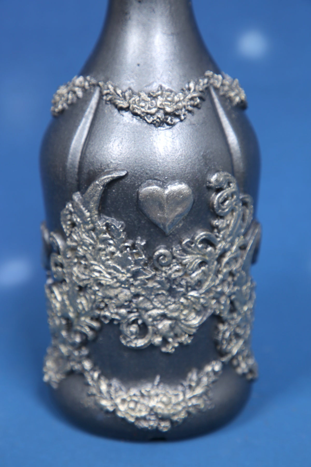 Silver Wine Set - Handcrafted Bottle & 2 Glasses with Heart Ornaments