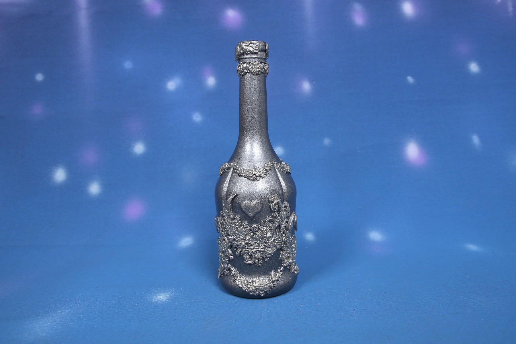 Silver Wine Set - Handcrafted Bottle & 2 Glasses with Heart Ornaments