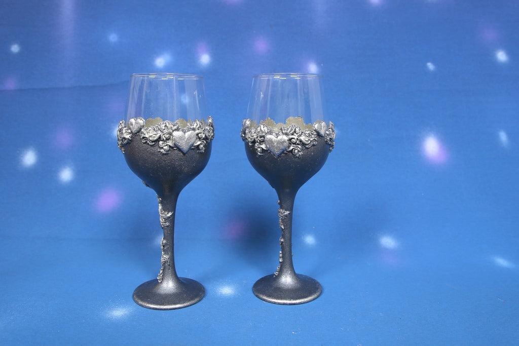 Silver Wine Set - Handcrafted Bottle & 2 Glasses with Heart Ornaments