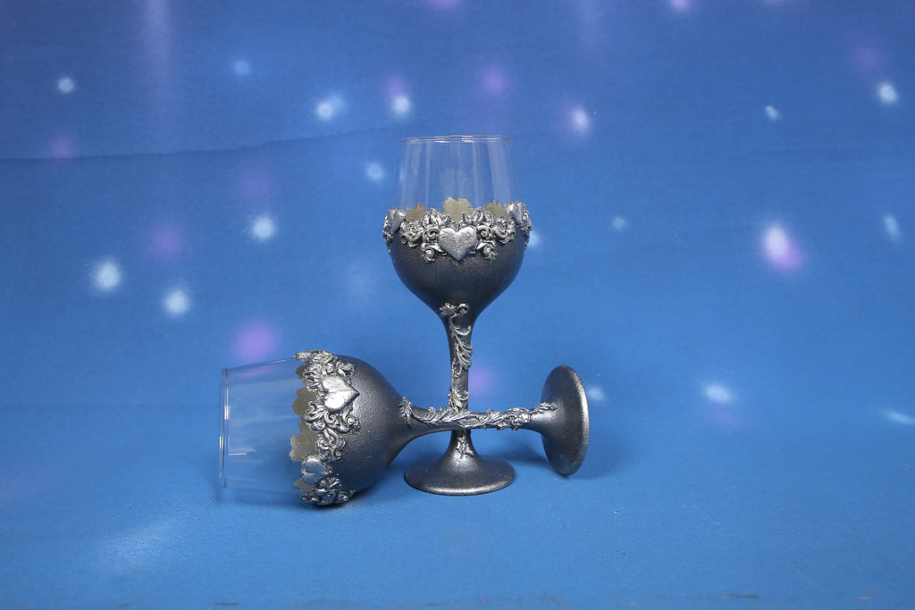 Silver Wine Set - Handcrafted Bottle & 2 Glasses with Heart Ornaments