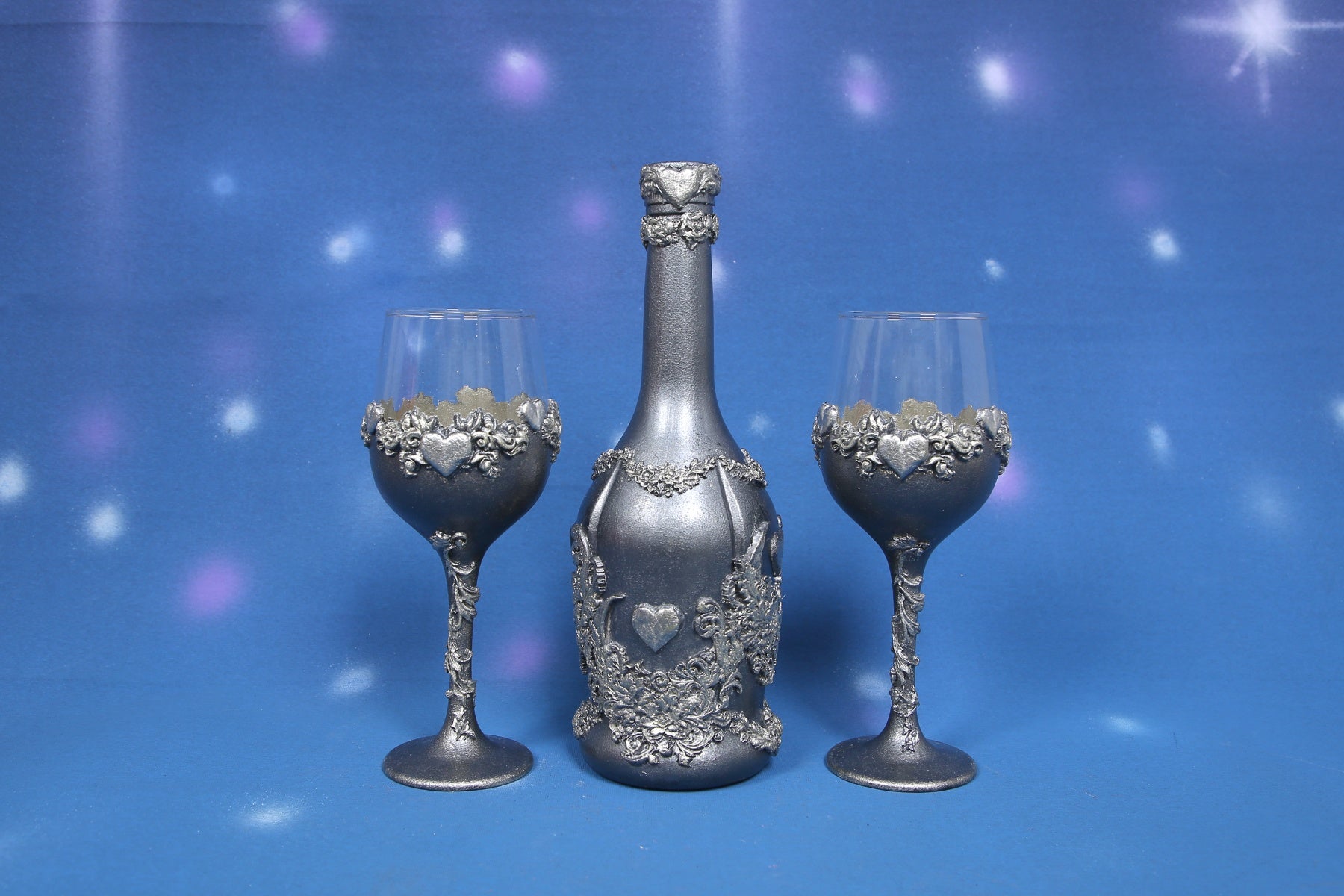 Silver Wine Set - Handcrafted Bottle & 2 Glasses with Heart Ornaments