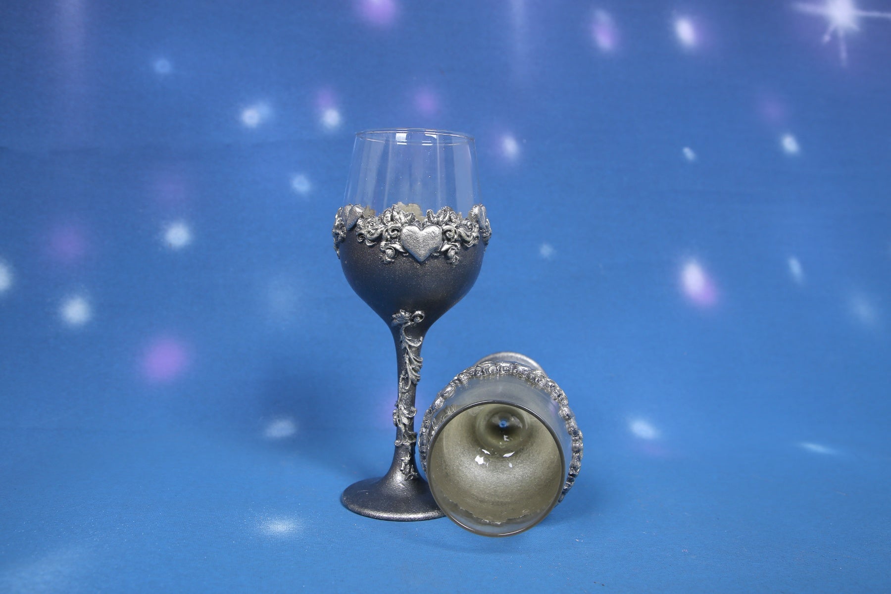 Silver Wine Set - Handcrafted Bottle & 2 Glasses with Heart Ornaments