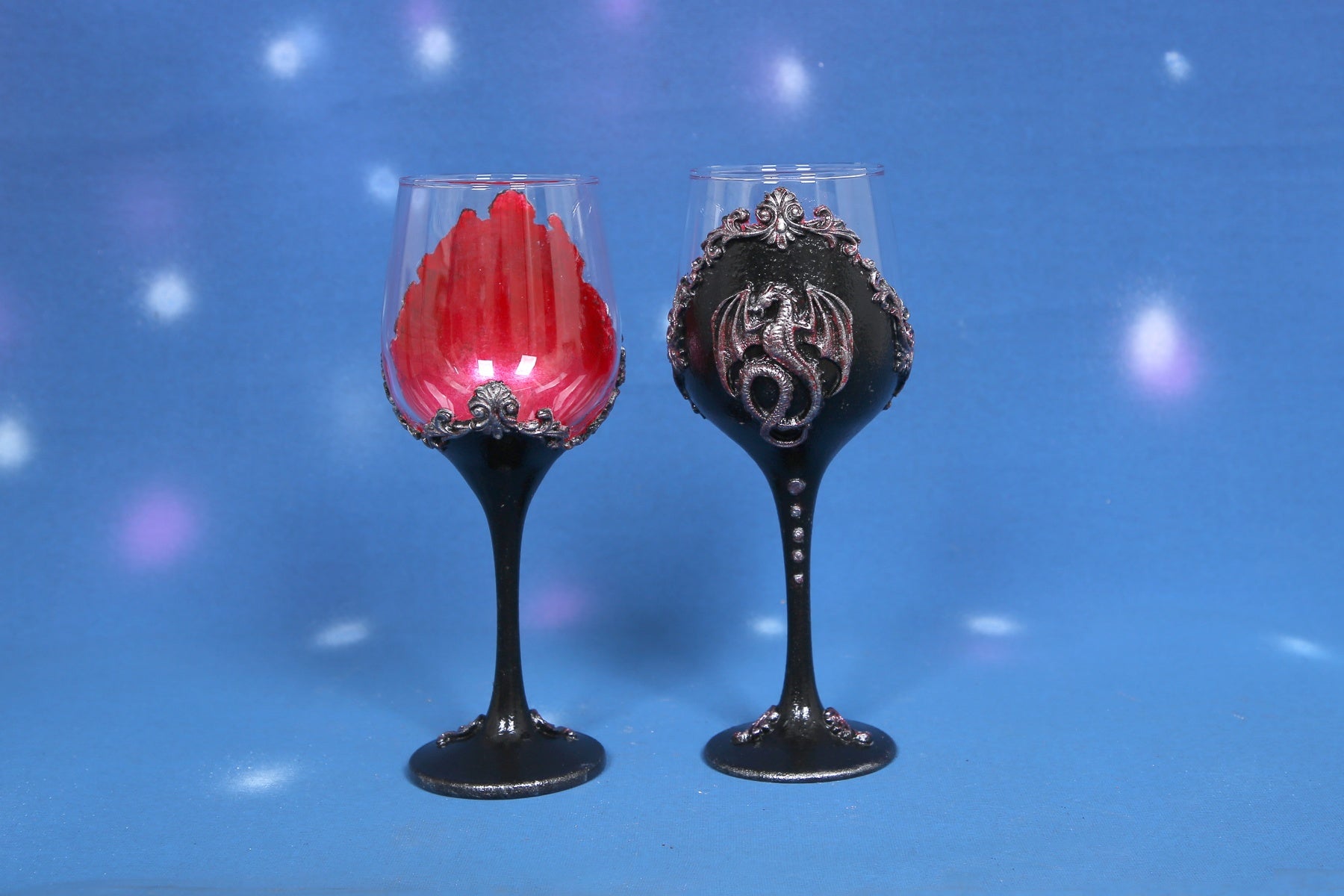 Gothic Dragon Wine Glasses - Handcrafted Black & Red Metallic Set of 2