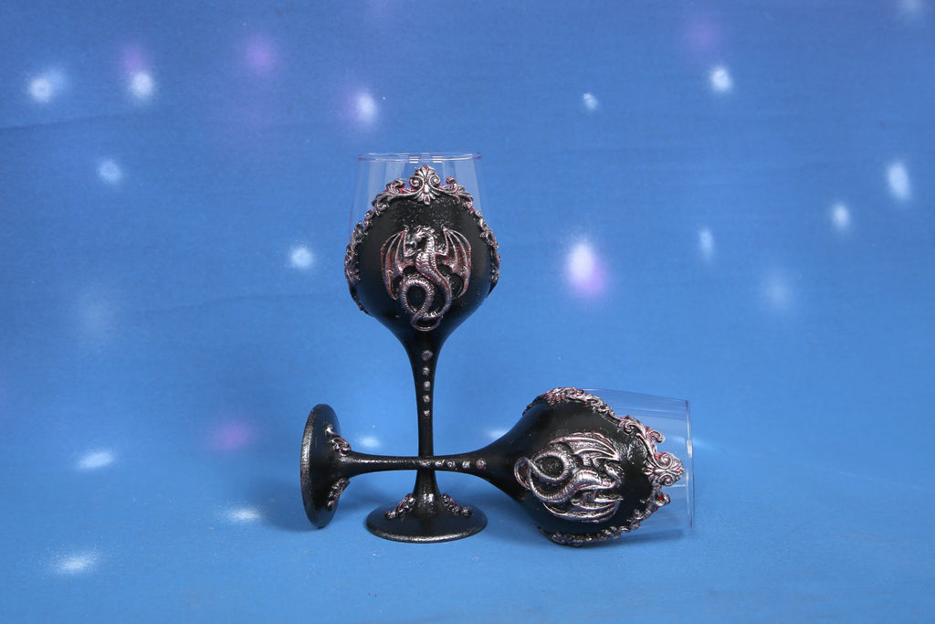 Gothic Dragon Wine Glasses - Handcrafted Black & Red Metallic Set of 2
