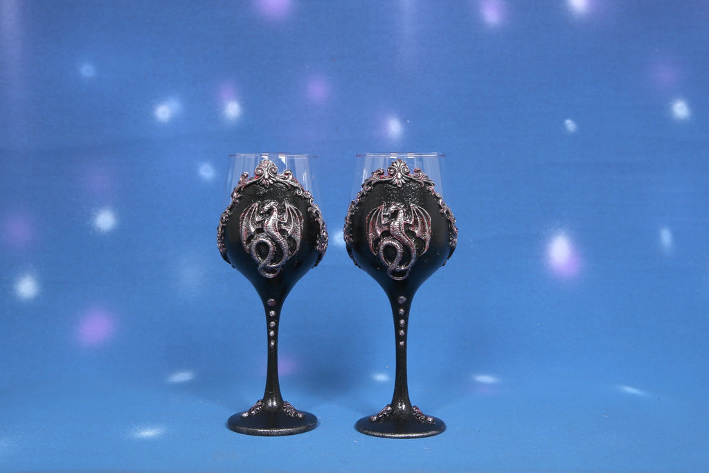 Gothic Dragon Wine Glasses - Handcrafted Black & Red Metallic Set of 2