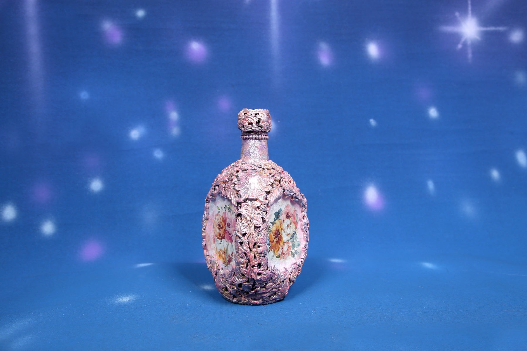Romantic floral decorated bottle - pink and silver with decoupage panels