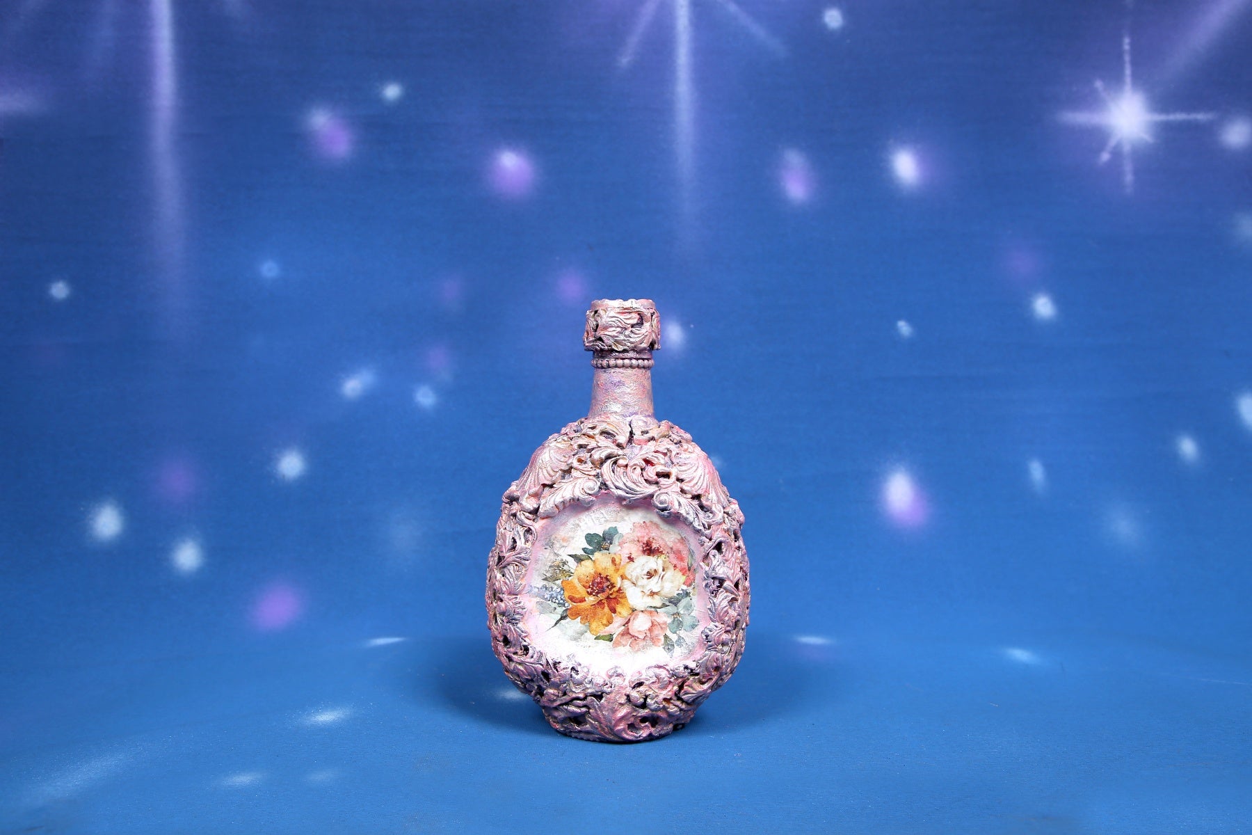 Romantic floral decorated bottle - pink and silver with decoupage panels