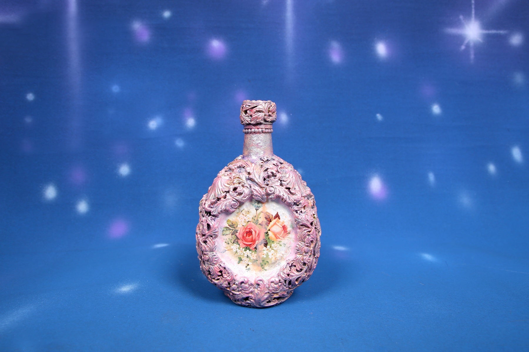 Romantic floral decorated bottle - pink and silver with decoupage panels