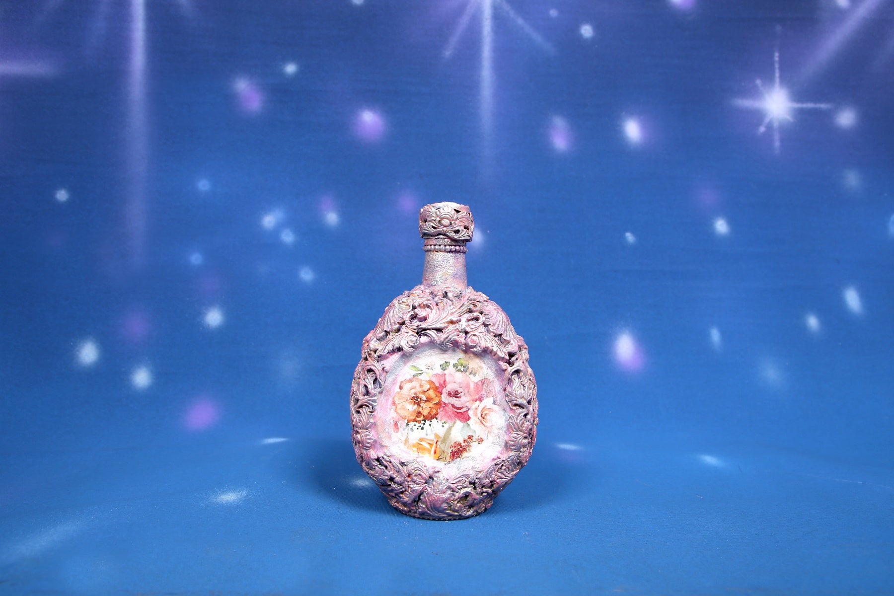 Romantic floral decorated bottle - pink and silver with decoupage panels