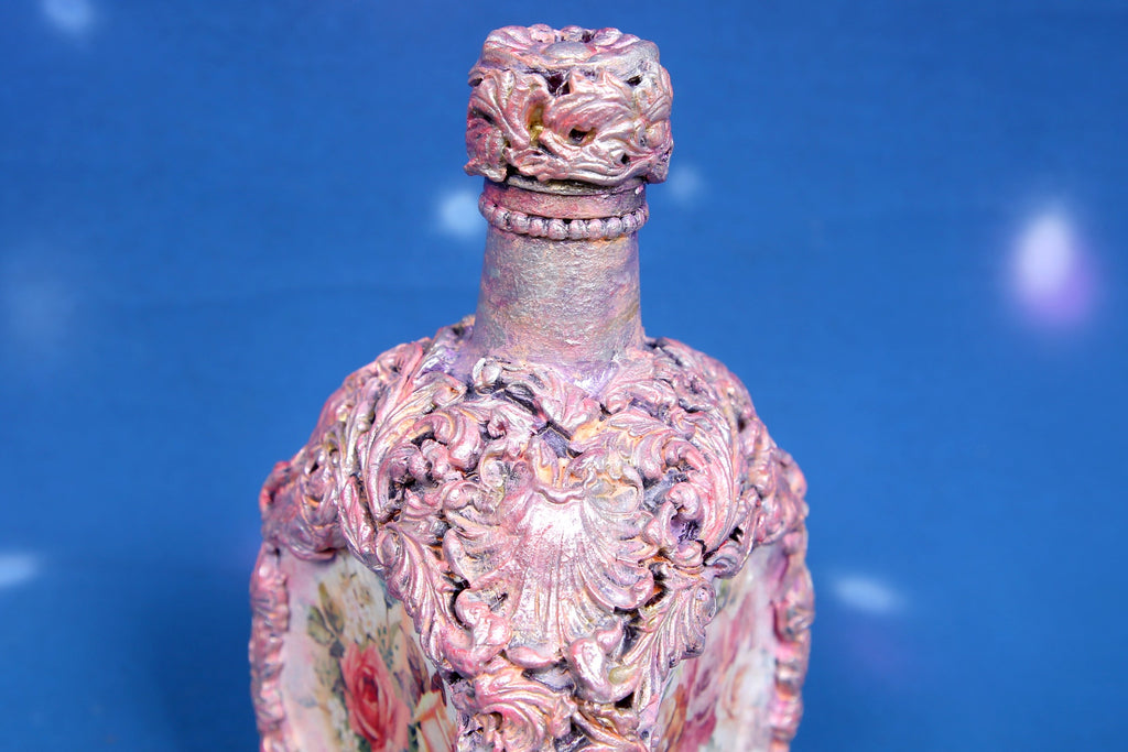 Romantic floral decorated bottle - pink and silver with decoupage panels