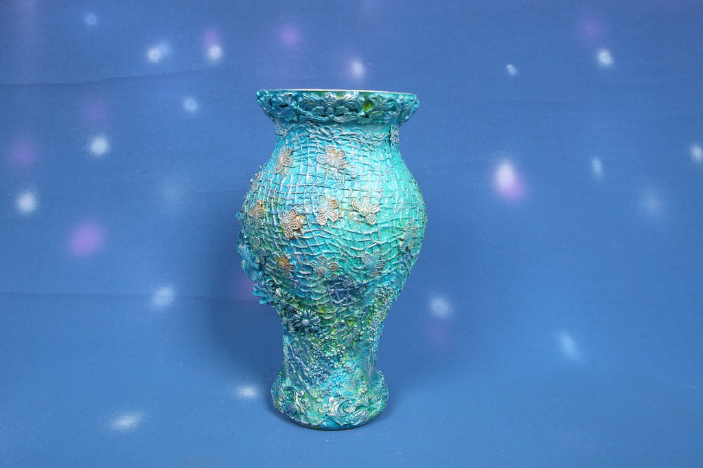 Turquoise Blue Textured Vase with 3D Butterfly & Floral Ornaments